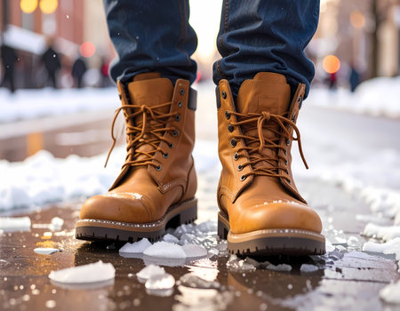 A prepared person standing in brown leather boot on cold winter street with snow and ice. an urban city setting on cold day outdoorsの素材