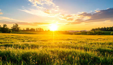 A beautiful sunset or sunrise over peaceful green grass field. this majestic nature landscape with golden sun and blue sky evokes calm feelingの素材