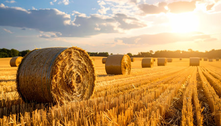 A golden hay bale in rural field during summer sunset. peaceful agriculture farm landscape at harvest time, showing serene beauty of countrysideの素材