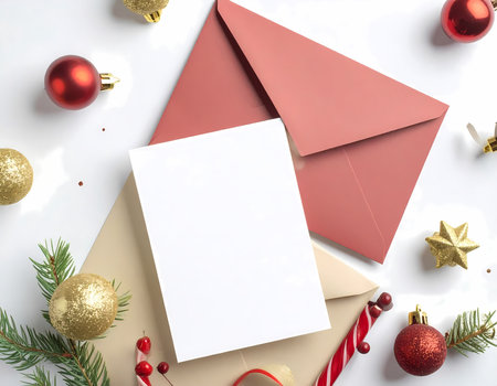 A joyful christmas greeting card mockup with festive holiday decoration and winter envelope. blank invitation for happy celebration eventの素材