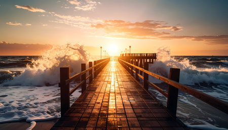 A dramatic golden sunset over an ocean with powerful wave crashing on wet wooden pier. beautiful, serene, and scenic seascape backgroundの素材