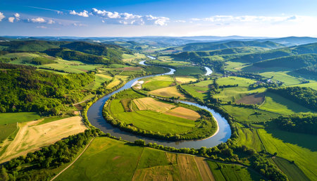 A beautiful aerial view of winding river meander in serene green landscape. scenic view shows rolling hills, lush forests, and agricultural fields on sunny summer dayの素材