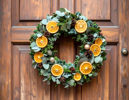 A festive christmas holiday wreath decoration hanging rustic wooden door. this natural, handmade design with dried orange creates welcoming vibeの素材