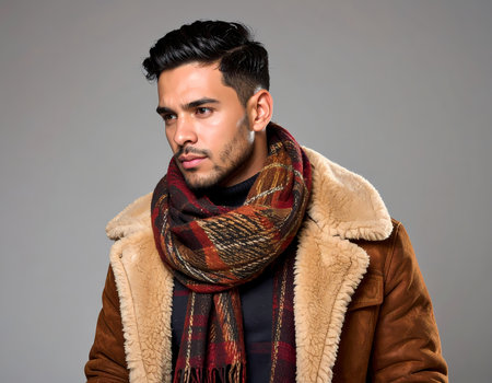 A handsome young man with pensive expression wearing brown winter coat and plaid scarf. stylish male fashion model on gray backgroundの素材