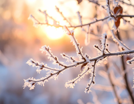 A serene branch with delicate frost in cold winter nature. golden sunrise light creates peaceful bokeh background for calm outdoor sceneの素材