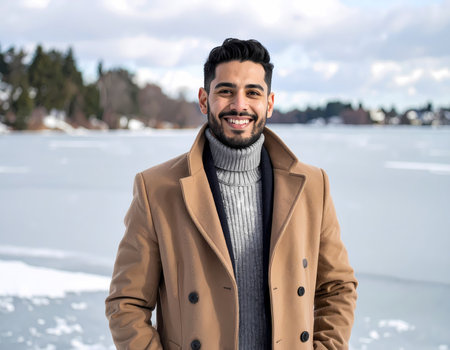 A confident handsome young man in winter overcoat and turtleneck smiling at camera. outdoor portrait with frozen lake and snowy landscapeの素材