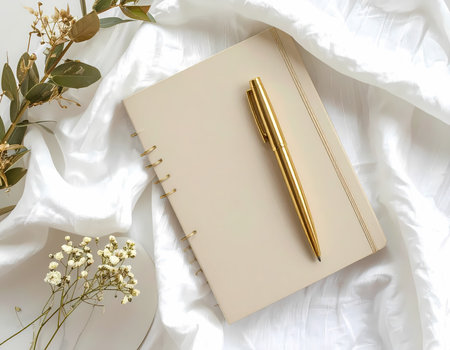 An elegant flat lay of gold pen on beige notebook journal. minimal white background with flower decoration for calm writing inspirationの素材