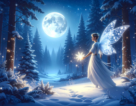 A peaceful fairy with glowing wings holds star in magical snowy winter forest at night. enchanting full moon illuminates sceneの素材