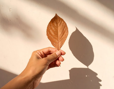 A calm hand holding single brown autumn leaf against wall. minimalist nature scene with strong shadow cast by warm sunlightの素材