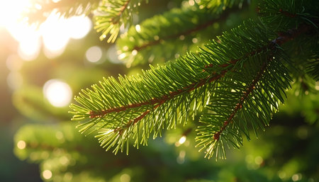A peaceful closeup of green pine branch in nature with warm sun light. beautiful bokeh background creates calm and serene feeling of hopeの素材