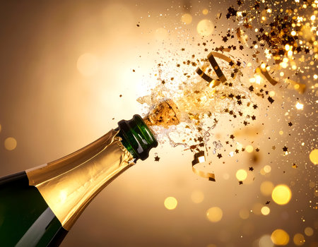 An exciting celebration with champagne bottle popping in an explosion of gold glitter and fizz for festive party or holiday event backgroundの素材