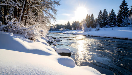A peaceful winter landscape with scenic river flowing through snow covered forest. bright sun shining over beautiful cold sceneryの素材