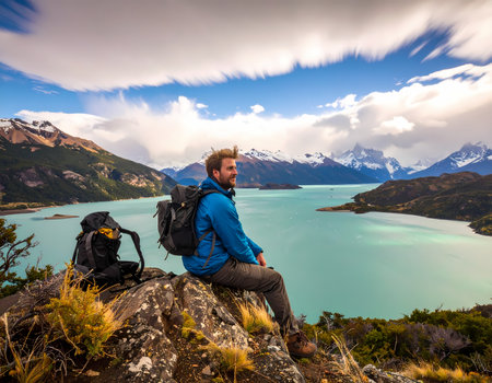 A happy young man with backpack on solo hiking adventure in mountains, enjoying scenic lake view with contemplative smile on his faceの素材