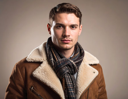 A handsome young adult man portrait with serious confident expression. fashion style with brown jacket and scarf for autumn or winterの素材