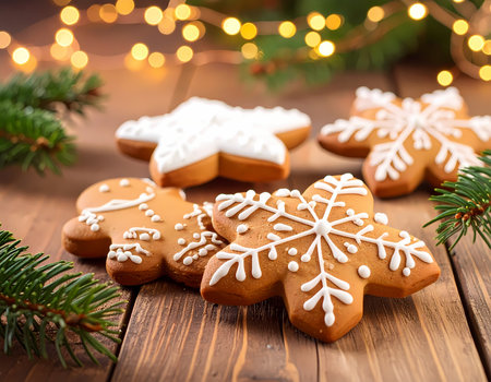 A happy festive christmas gingerbread cookie snowflake decoration. cozy winter holiday dessert on brown wood table with warm background lightの素材