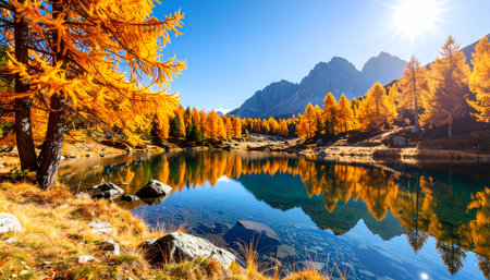 A peaceful autumn mountain landscape with golden larch tree reflecting on serene alpine lake. vibrant colorful foliage against clear blue sky creates breathtaking nature sceneの素材