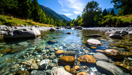 A peaceful, scenic landscape of clear river flowing over colorful stone in mountain forest. transparent water reflects sunny blue sky, creating serene and tranquil nature sceneの素材