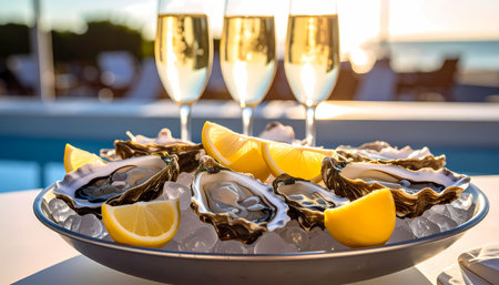 A luxurious platter of fresh oyster on ice with lemon and three glass of champagne for celebratory sunset meal. romantic and elegant fine dining experience with gourmet foodの素材