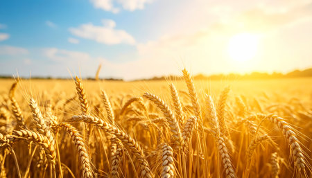 A golden wheat field at sunset with beautiful blue sky and warm sun. serene rural landscape showing agriculture and farming with ripe crop, hopeful and peaceful sceneの素材