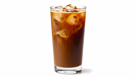 A refreshing iced coffee drink in tall glass with milk swirling into cold brew coffee and ice cubes. cool and delicious beverage perfect for summer morningの素材