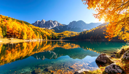 A vibrant autumn landscape with peaceful mountain lake reflecting colorful forest. this serene scenery in nature shows clear water under sunny blue skyの素材