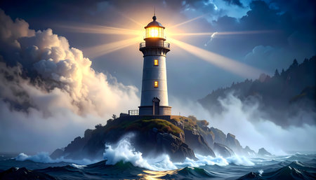 A majestic lighthouse on rocky coast offers hopeful light and guidance against dramatic sea storm. powerful ocean wave crashes against island under cloudy skyの素材