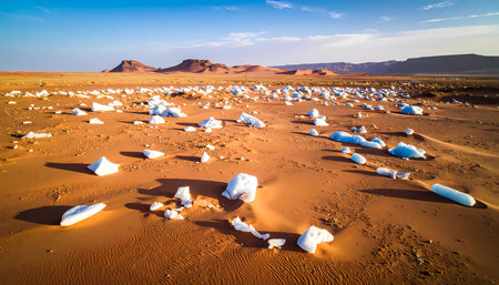 A serene and vast desert landscape with orange sand and white salt rock formation under blue sky. remote, arid, and peaceful wilderness scene at sunset in arabiaの素材