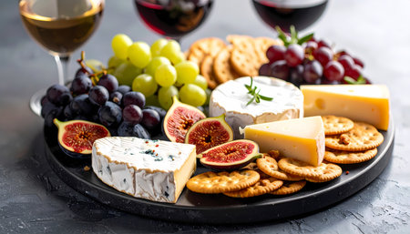 A delicious gourmet cheese board appetizer with various cheese, fruit, cracker, and wine. perfect platter for party or celebration, this food tasting experience elegant and indulgentの素材