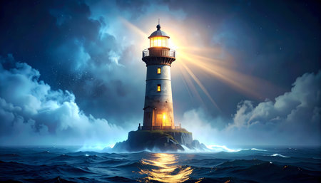 A dramatic lighthouse at night shines beacon of light over stormy ocean. powerful scene evokes sense of hope and guidance against dark, cloudy skyの素材