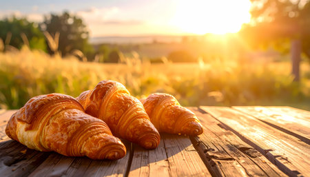 A fresh croissant pastry, delicious breakfast food on rustic wood table. peaceful outdoor setting in countryside with warm golden sunset in backgroundの素材