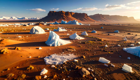 A surreal desert landscape with melting iceberg, dramatic contrast against mountain at sunset, powerful visual representing climate change in vast antarctica settingの素材