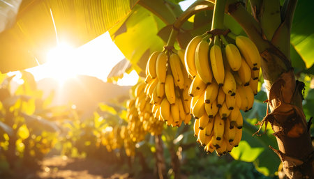 A warm view of ripe yellow banana bunch on plantation at sunrise. fresh organic fruit hangs from green tree, with beautiful sunlight in background creating serene and healthy feelingの素材