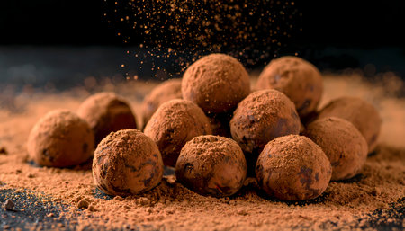 A delicious gourmet chocolate truffle dessert covered with cocoa powder. pile of sweet brown candy balls, truly indulgent and tasty sweet confection for any occasionの素材