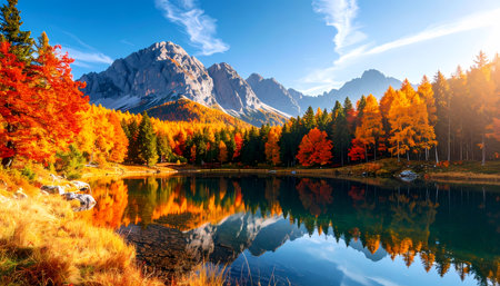 A peaceful autumn landscape view of majestic mountain and vibrant forest. calm lake reflects scenic nature and colorful foliage under beautiful golden hour sunriseの素材
