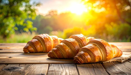 A delicious fresh croissant breakfast on rustic wooden table outdoors. peaceful morning food scene with warm sun shining through nature, perfect bakery conceptの素材