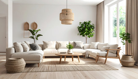 A bright modern living room interior home design with cozy japandi style. serene space featuring sofa, wooden furniture, and green plant creating calm, relaxing atmosphereの素材
