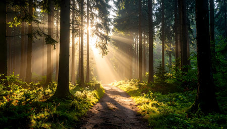 A magical forest path with morning sun creating beautiful sunbeam light through tree canopy. serene nature landscape full of hope and tranquility, perfect outdoor sceneryの素材