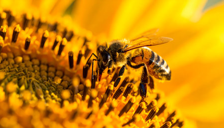 A vibrant macro close up of busy bee on yellow sunflower. hardworking insect collecting sweet nectar and pollen from flower on bright, sunny summer day in natureの素材