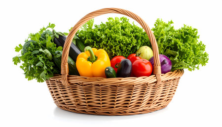 A wicker basket full of fresh, colorful vegetable produce for healthy organic diet. this harvest of food ingredients isolated on white background evokes wellnessの素材