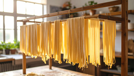 A warm sunlight illuminates fresh homemade pasta drying on wooden rack in rustic kitchen. traditional process of cooking and preparing food, satisfying culinary craftの素材