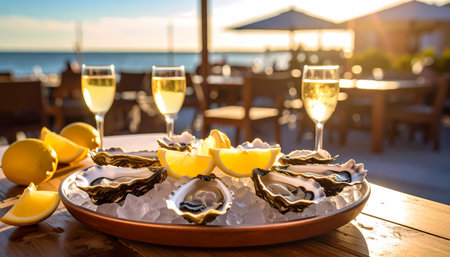 A romantic platter of fresh raw oyster with lemon and sparkling wine on restaurant table. an indulgent, luxurious fine dining appetizer with beautiful ocean view at sunsetの素材
