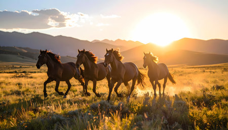 A majestic herd of wild horse running in field at sunset. this beautiful nature scene with animals evokes sense of freedom and power in rural landscapeの素材