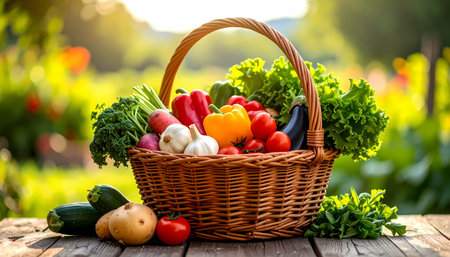 A bountiful harvest of colorful fresh organic vegetable in wicker basket on wooden table. this assortment of garden produce creates feeling of healthy eating and wellnessの素材