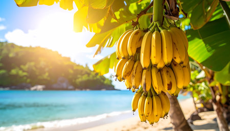 A ripe yellow banana fruit bunch on tree under bright sun, beautiful summer scene. tranquil tropical beach with blue ocean water, perfect concept for travel and vacation on an islandの素材