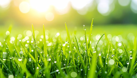 A peaceful macro view of fresh green grass with water drop dew in vibrant morning sunlight. beautiful blurred nature background creates serene and hopeful feelingの素材