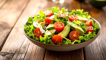 A fresh healthy food salad in bowl with tomato, avocado, and lettuce on wooden table. appetizing vegetarian meal perfect choice for light lunch or delicious dietの素材