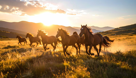 A majestic herd of wild brown horse running with power and freedom through golden field at sunset. beautiful mountain landscape background with warm sunlight creating powerful sceneの素材