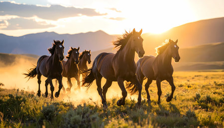 A powerful wild herd of brown horse running free in golden field at sunset. majestic and beautiful scene of animal freedom and motion in vast nature landscapeの素材