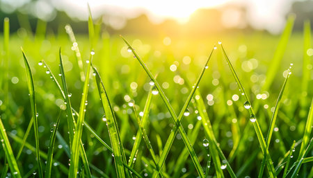 A fresh green grass with morning dew drop glistening in beautiful golden sunlight. peaceful nature background showing new day, evoking calm and hopeful feelingsの素材