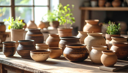 A handmade clay pottery and earthenware pots on rustic wooden table in workshop. collection of traditional ceramic vases and bowls with natural light create peaceful and creative atmosphereの素材